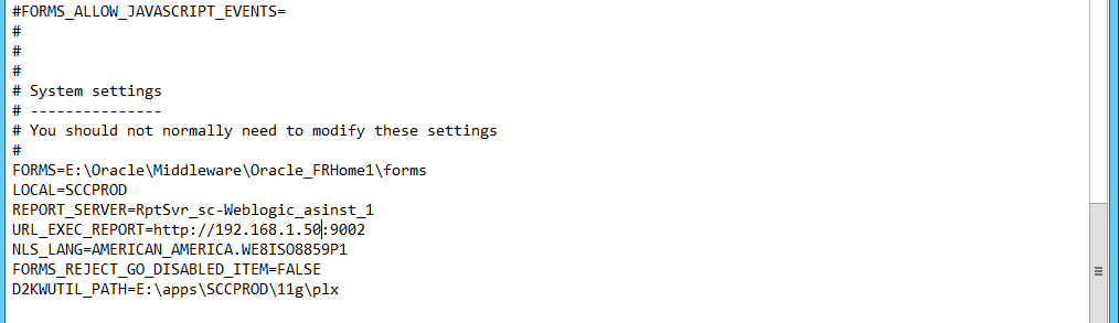 Screenshot of sccprod.env with URL_EXEC_REPORT updated to the new IP address: http://192.168.1.50:9002