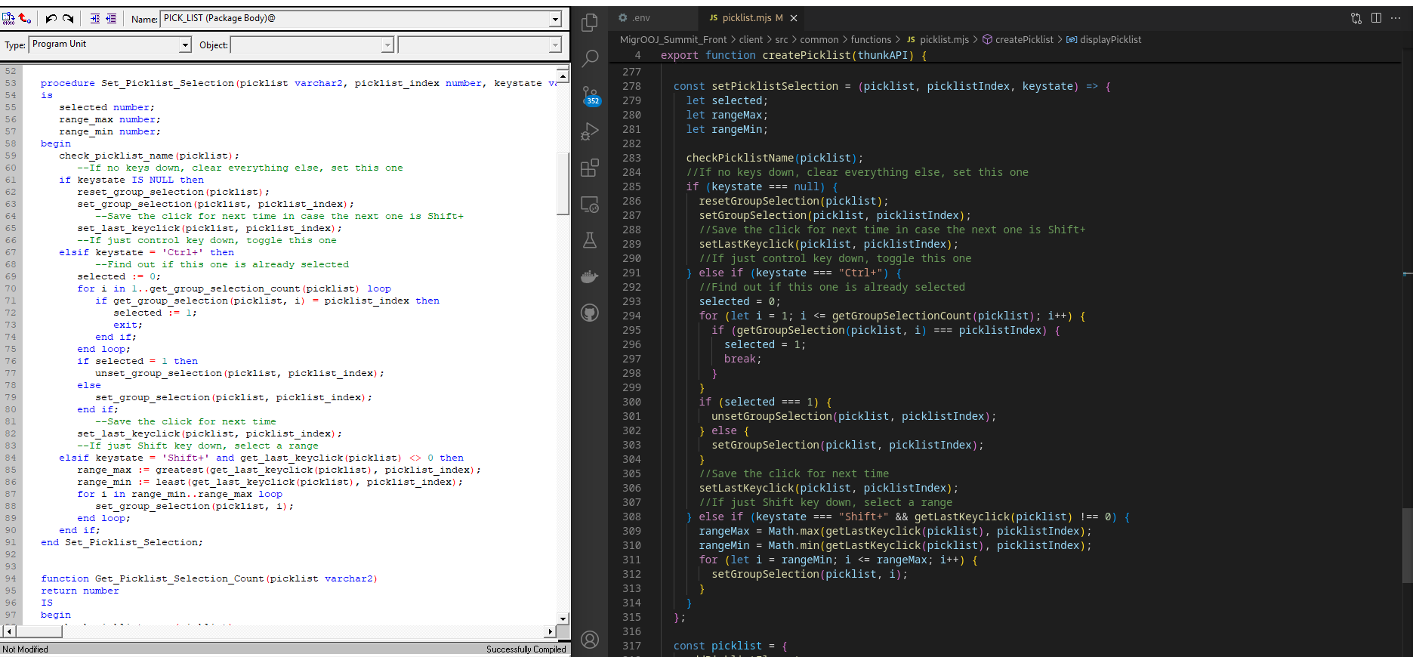 Screenshot: a PL/SQL picklist procedure in Oracle Forms Builder (left) and the equivalent migrated JavaScript in VS Code (right)