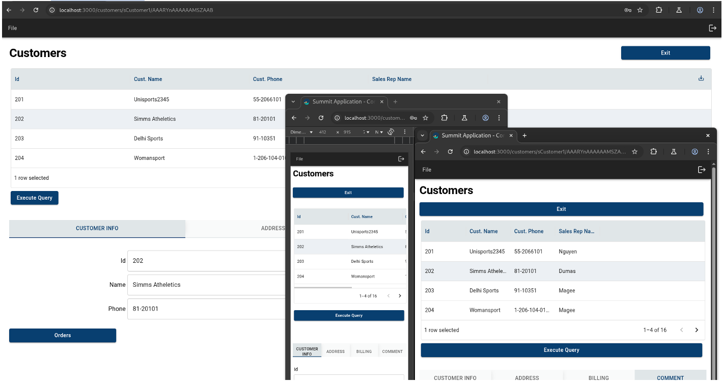 Screenshot of the migrated Customers screen shown at desktop, tablet and mobile widths