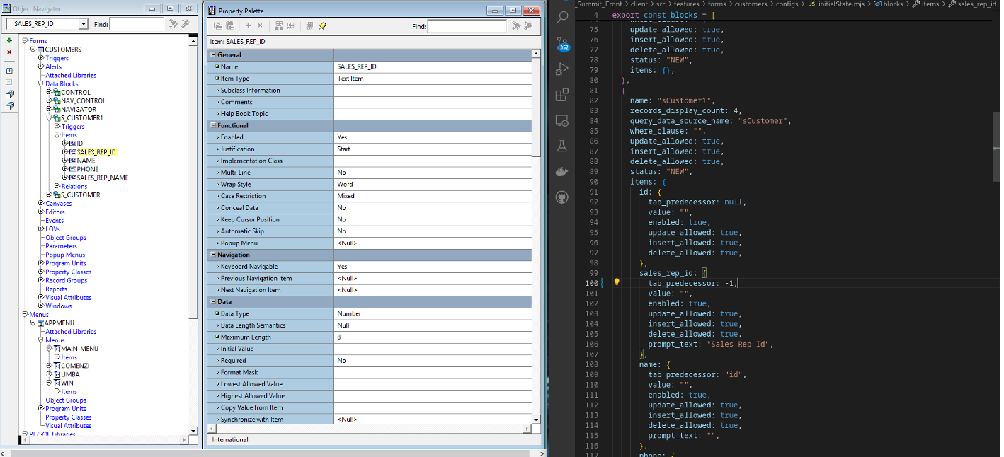 Screenshot: Oracle Forms data block and item properties (left) converted to a JavaScript block configuration in VS Code (right)