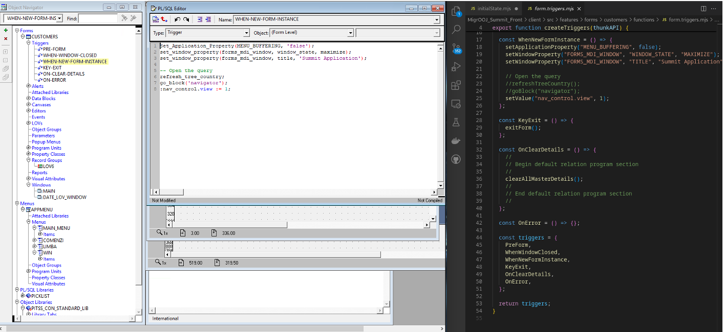 Screenshot: the WHEN-NEW-FORM-INSTANCE and other Oracle Forms triggers (left) migrated to JavaScript functions in VS Code (right)