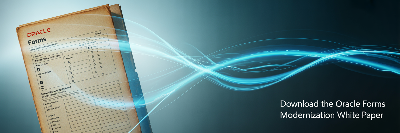 Old Oracle Forms paper form dissolving into streams of light: download the Oracle Forms Modernization White Paper