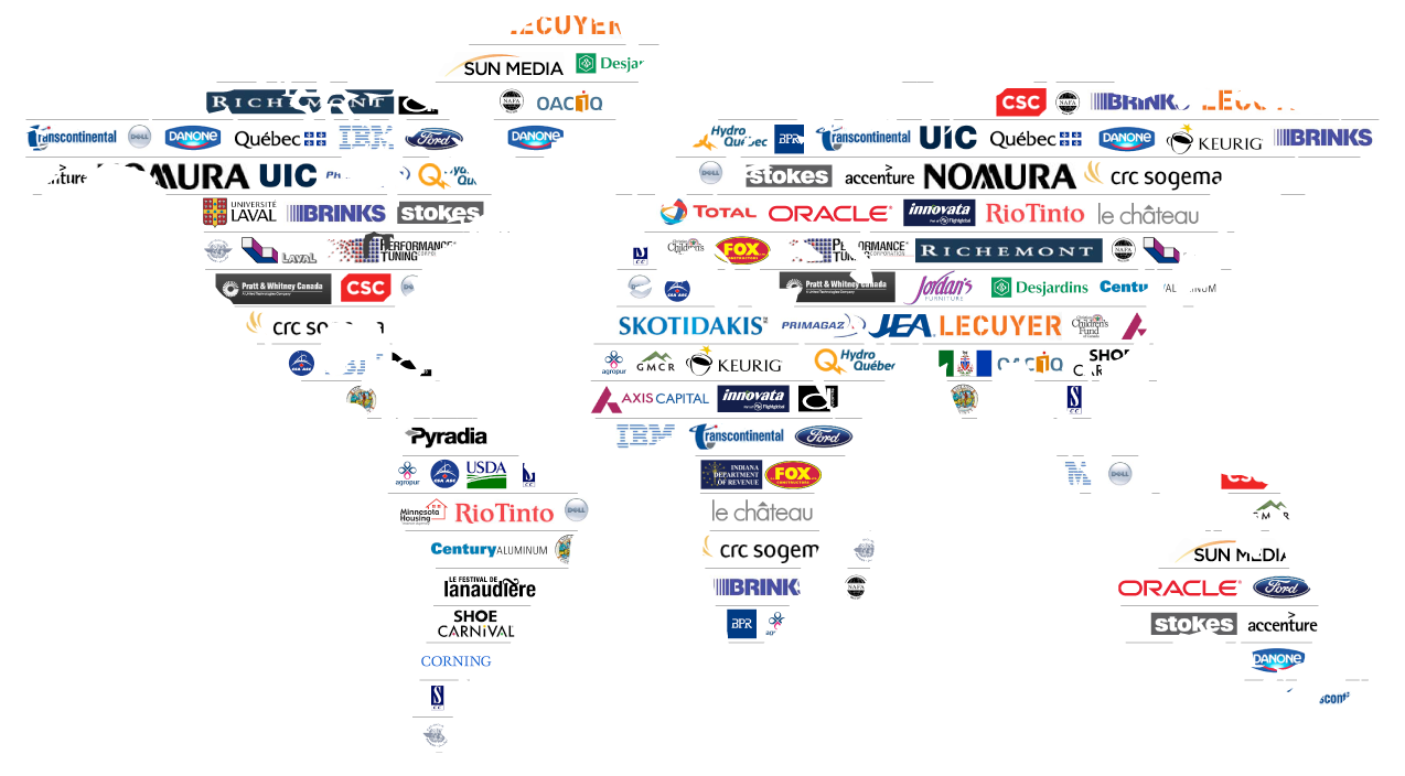 World map made of client logos (IBM, Ford, Oracle, Desjardins, Hydro-Québec…): ORMIT™ customers in 30 countries
